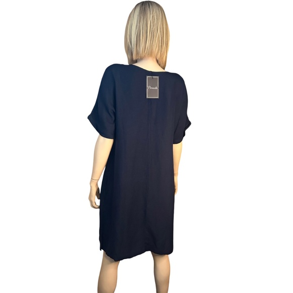Paradis Linen & Rayon Dress Tunic Style Short sleeve Hip Pockets Versatile Navy - Picture 3 of 16